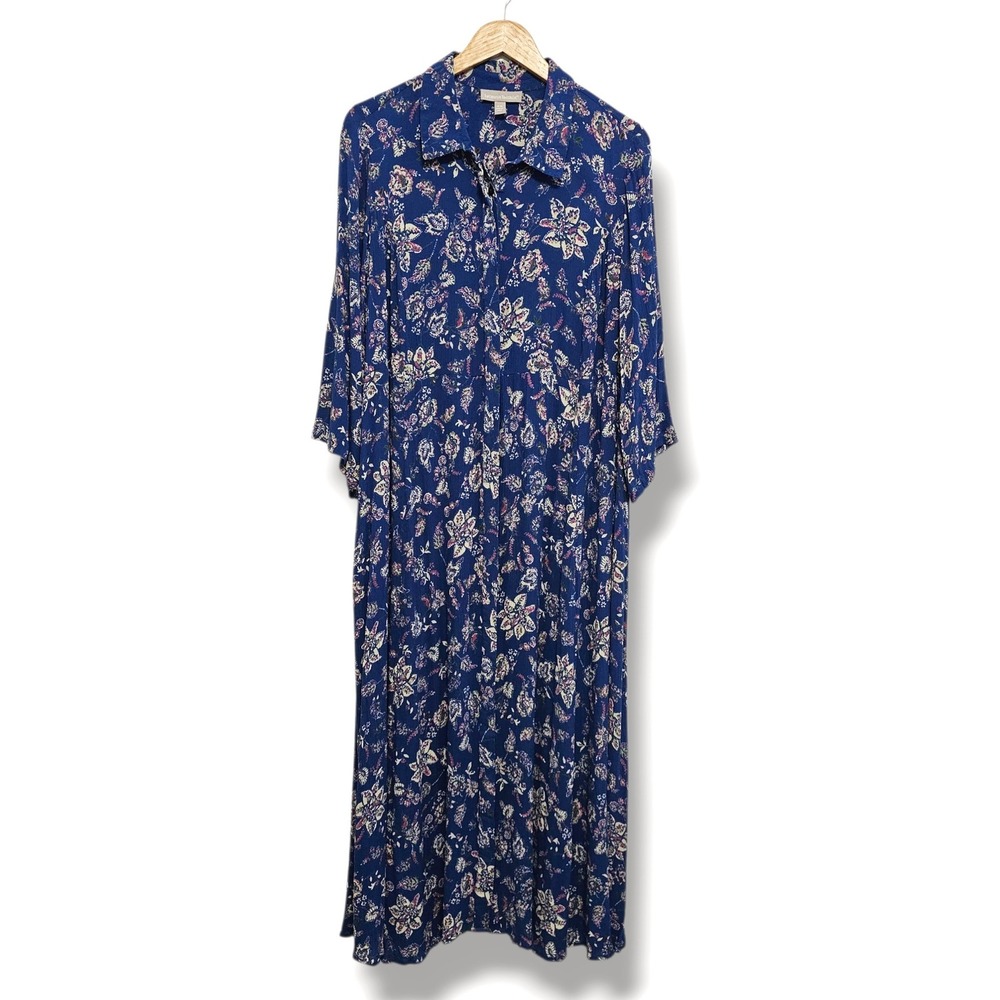 Woman Within Maxi Dress 18W Blue Floral Paisley Button Front Boho Cottage Pocket